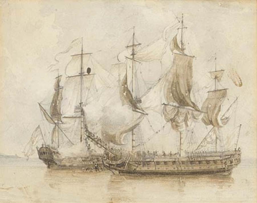 Artwork by Dominic Serres the Elder, H.M.S. Experiment capturing the French privateer TÃ©lÃ¨marque, off Alicante, 19th June, Made of pencil and watercolour
